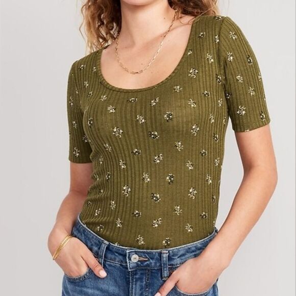 Old Navy Fitted Elbow Sleeve Rib Knit T-Shirt Tee Womens Size 2X Boho Goblincore - Picture 4 of 8